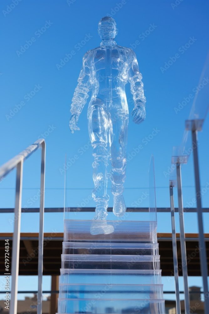 Poster a statue of a man standing on top of a set of stairs in front of a building with a blue sky in the b