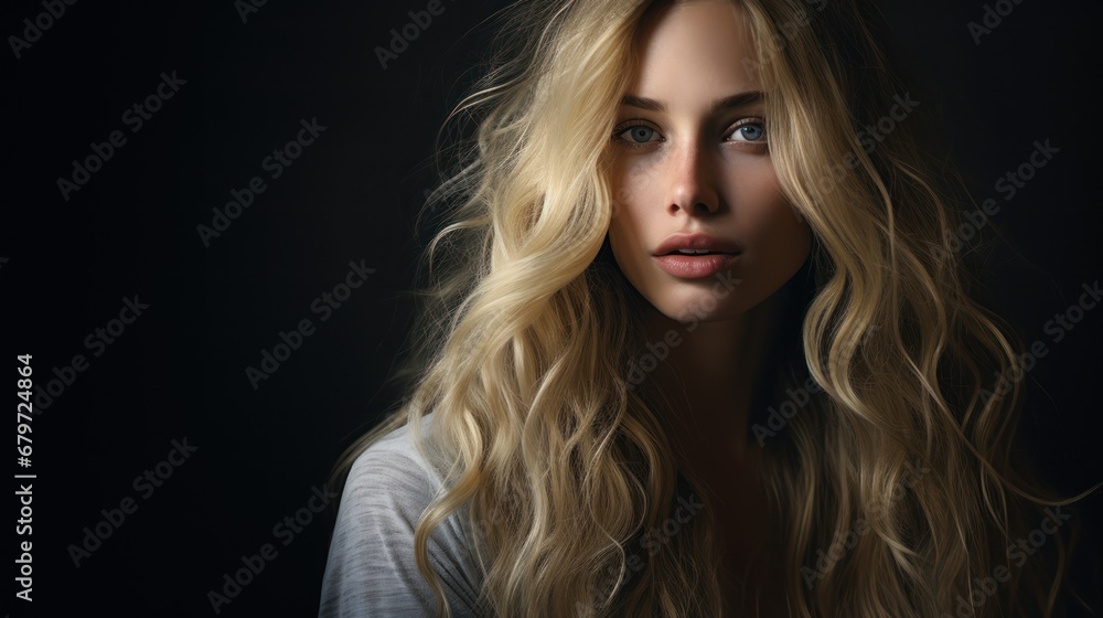 Wall mural a woman with long blonde hair and a white shirt is looking at the camera with a serious look on her 