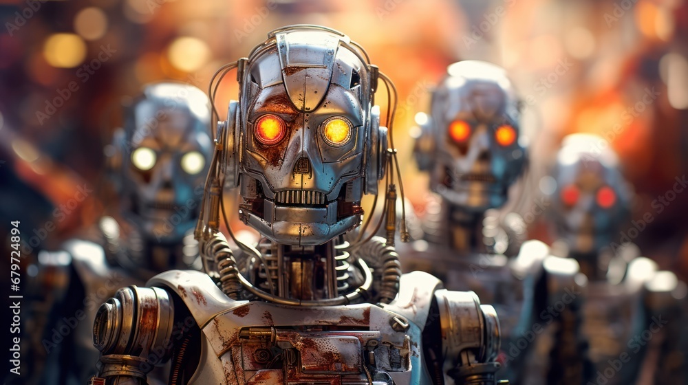 Aufkleber a group of robots standing next to each other in front of a crowd of people with glowing eyes on the