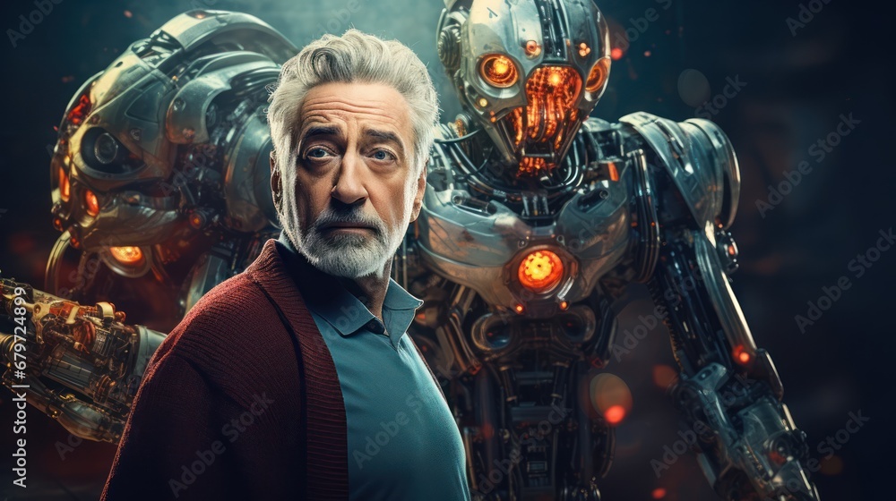Poster a man standing next to a robot in front of a man in a blue shirt and a robot in the background.