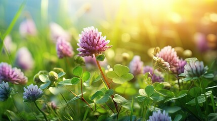 Wild flowers of clover and butterfly in a meadow in nature in the rays of sunlight in summer in the spring close-up of a macro. A picturesque colorful artistic image with a soft focus - obrazy, fototapety, plakaty