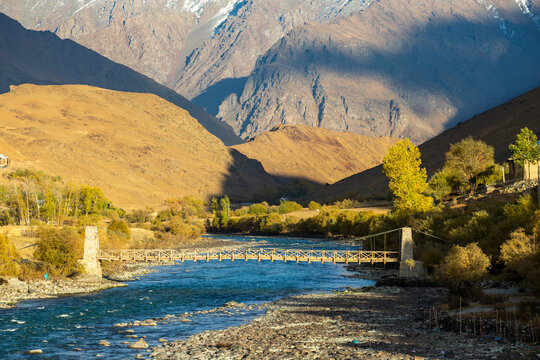 A Suspension Bridge Over Dras River In Drass Town Of Leh Ladakh, India.