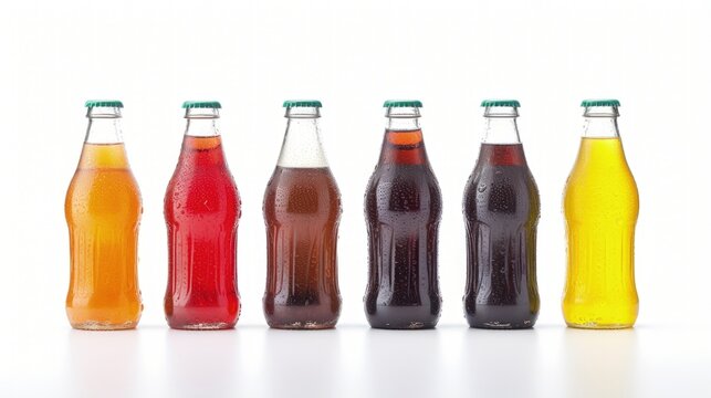 Plastic bottles of assorted carbonated soft drinks over white background