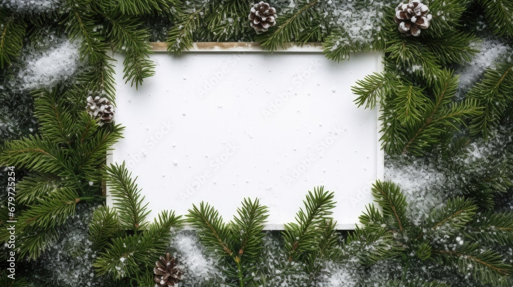 Aufkleber creative layout made of christmas tree branches with snow and paper card note. flat lay. nature new 