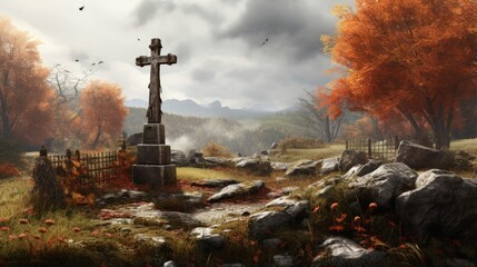 Stone cross on a graveyard in autumn.
