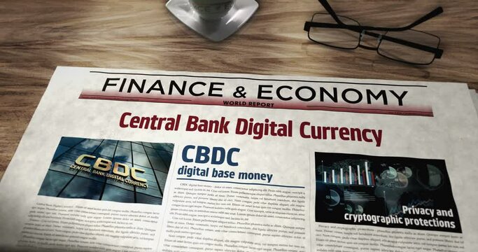 CBDC Central Bank Digital Currency and crypto money daily newspaper on table. Headlines news abstract concept 3d. 