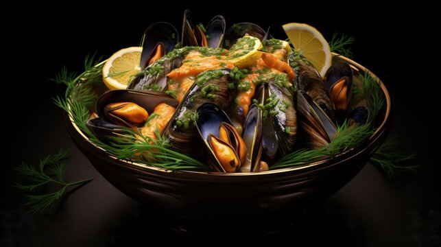 Shellfish Mussels in copper bowl with lemon and herbs. Shellfish seafood. Top view.