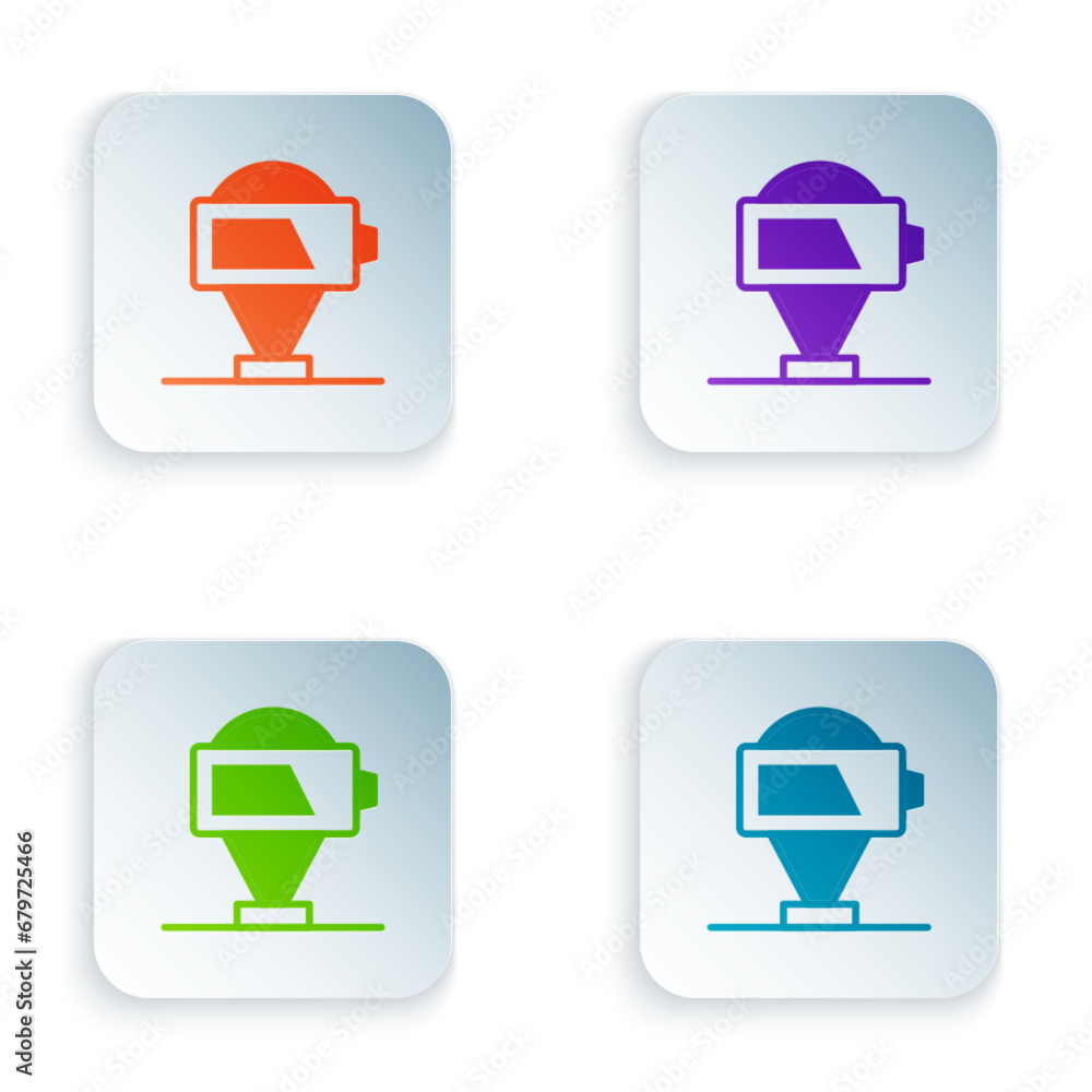 Poster color battery charge level indicator icon isolated on white background. set colorful icons in square