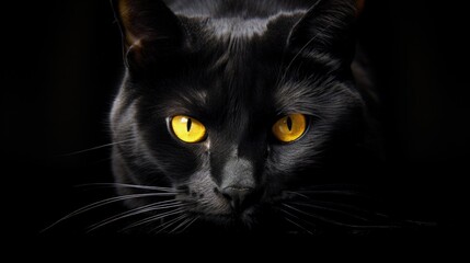 Black cat on a black background with bright yellow eyes