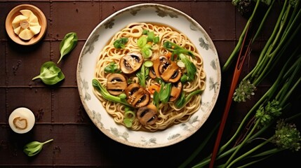 Asian vegetarian food udon noodles with baby bok choy, shiitake mushrooms, sesame and pepper close-up on a plate on the table. horizontal top view from above - obrazy, fototapety, plakaty