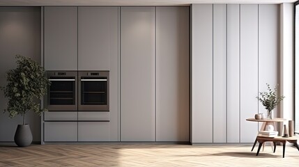 Modern new fitted tall cupboards in kitchen light grey color, interior trendy units. Huge storage inside house, built in wardrobe