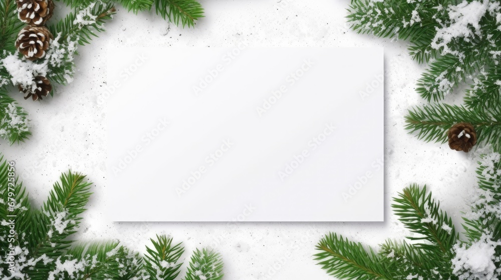 Poster creative layout made of christmas tree branches with snow and paper card note. flat lay. nature new 
