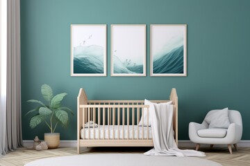 Serene and Modern Nursery Room with Ocean-Themed Artwork