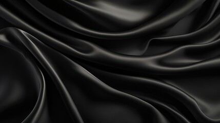 Black silk satin surface. Dark elegant background with space for design. Text or product. Table top view. Flat lay. Template. Empty. Creases in fabric. Folds.