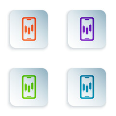 Color Mobile stock trading concept icon isolated on white background. Online trading, stock market analysis, business and investment. Set colorful icons in square buttons. Vector