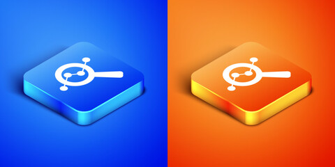 Isometric Magnifying glass and data analysis icon isolated on blue and orange background. Search sign. Square button. Vector