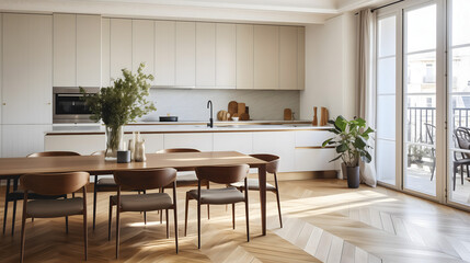 Une cuisine moderne dans un appartement parisien avec des plans de travail en marbre et un parquet en chevron. Au milieu de la pièce, une salle à manger. - obrazy, fototapety, plakaty