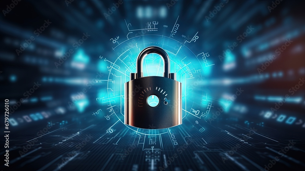 Poster internet digital security technology concept for business background. Lock protect data