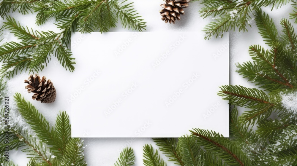 Poster Creative layout made of Christmas tree branches with snow and paper card note. Flat lay. Nature New Year concept.
