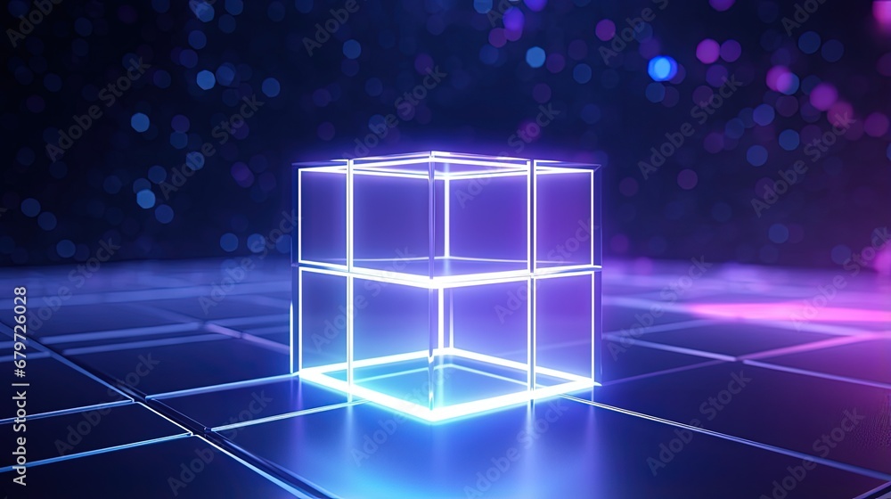Aufkleber 3d render, abstract neon background with cube box. Geometric object glowing in ultraviolet light