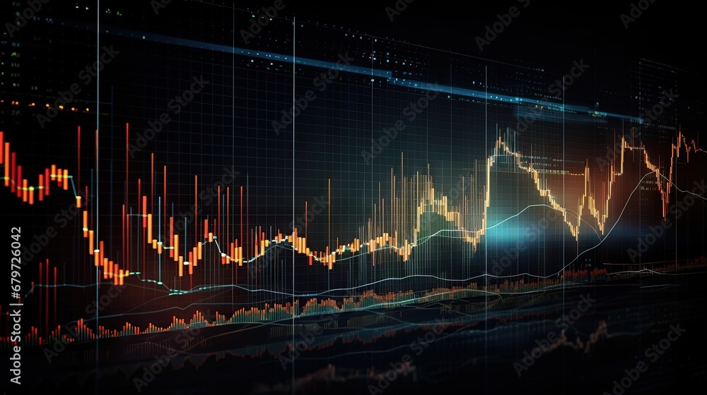 Poster virtual stock market lines and financial charts over dark background. digital screen. concept of fin