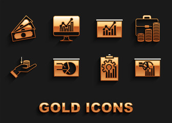 Set Board with graph chart, Briefcase and coin, Clipboard, Money on hand, Stacks paper money cash and Computer monitor icon. Vector