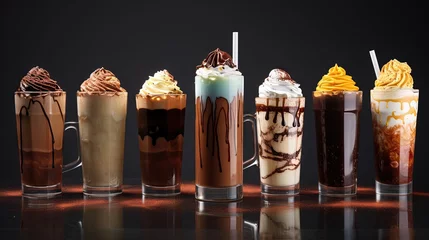 Tuinposter Chocolate frappe in a variety of glasses with chocolate syrup, fancy coffee drinks © HN Works