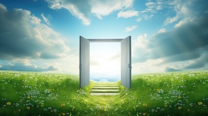 Green grass way to open door on sunny sky. Hope, new life, change concept. 3D illustration