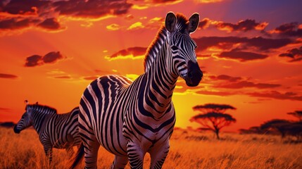 Fototapeta na wymiar African zebras at beautiful orange sunset in the Serengeti National Park. Tanzania. Wild nature of Africa.