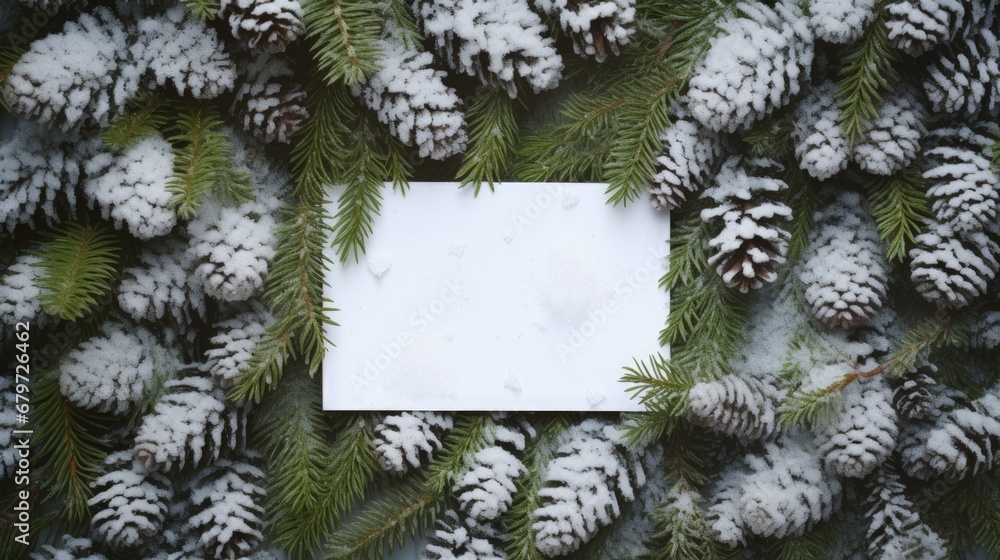 Poster creative layout made of christmas tree branches with snow and paper card note. flat lay. nature new 