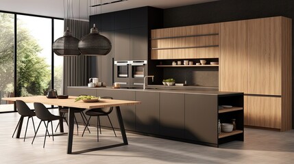 A modern spacious kitchen with a free-standing kitchen island. Wooden fronts of kitchen cabinets and counter tops are combined with black elements. 3D illustration.