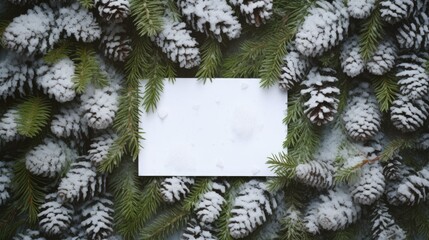 Creative layout made of Christmas tree branches with snow and paper card note. Flat lay. Nature New Year concept.