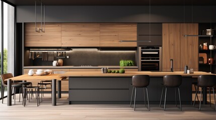 A modern spacious kitchen with a free-standing kitchen island. Wooden fronts of kitchen cabinets and counter tops are combined with black elements. 3D illustration. - obrazy, fototapety, plakaty