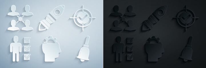 Set Human with gear inside, Target and check mark, User of business suit, Ringing bell, Rocket ship fire and Project team base icon. Vector