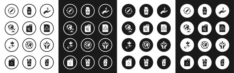 Set Sprout in hand of environmental protection, Bio fuel canister, Earth globe plant, Battery with recycle symbol line, Paper, Recycle bin, Plant and icon. Vector