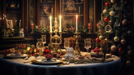 Fototapeta na wymiar beautifully decorated Christmas table with candles and glasses near the Christmas tree