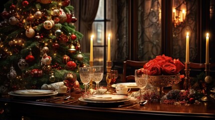 beautifully decorated Christmas table with candles and glasses near the Christmas tree