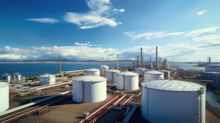 Obraz premium Aerial view oil terminal storage tank, White oil tank storage chemical petroleum petrochemical refinery product at oil terminal, Business commercial trade fuel energy transport by tanker ship vessel.
