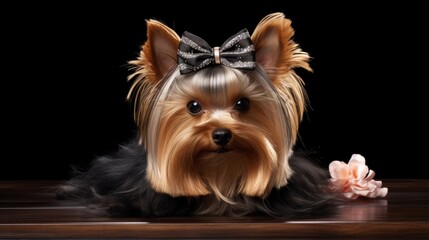 a Yorkshire terrier dog with a short haircut and a beige bow on his head lies on a black grooming table. pet grooming. front view