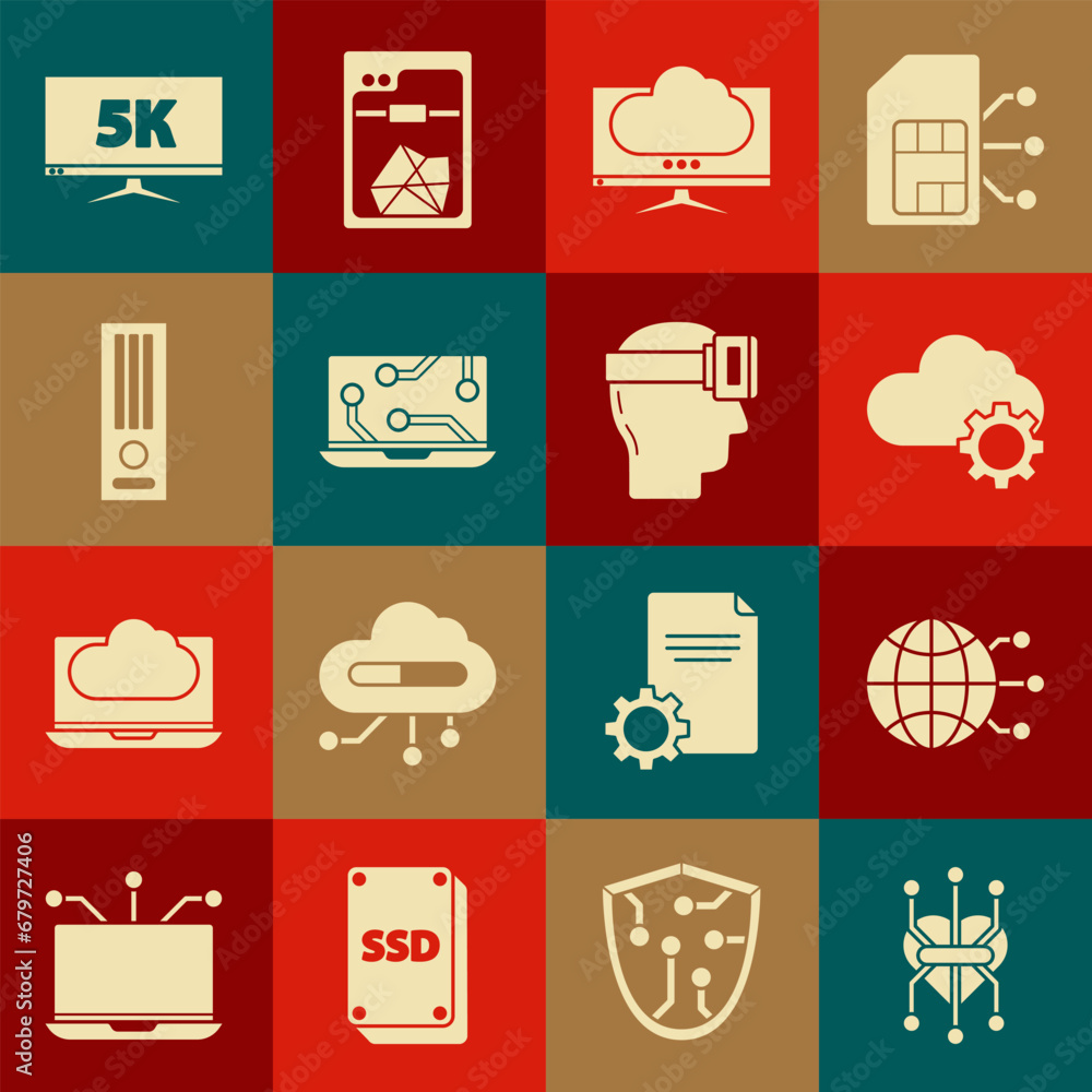 Poster set processor, cloud data transfer and storage, computer monitor screen, laptop, video game console,