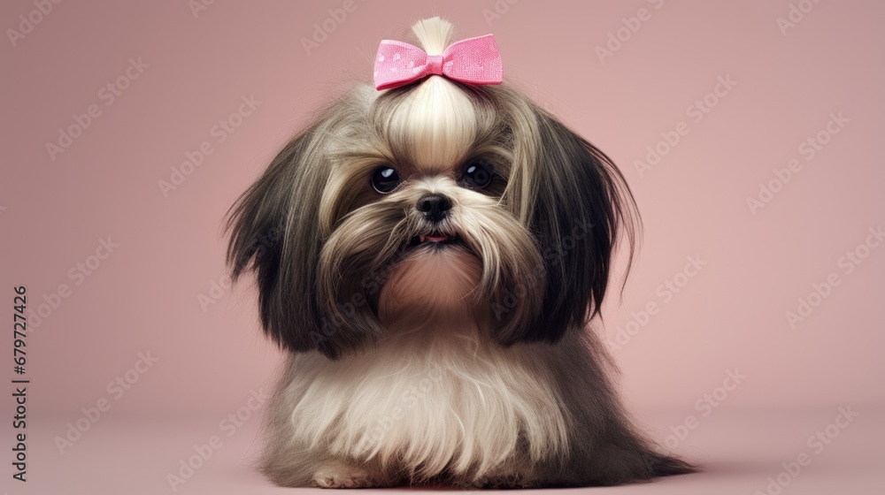 Sticker cute dog breed shihtzu beige with black color with open mouth and pink tongue. pet . grooming short 