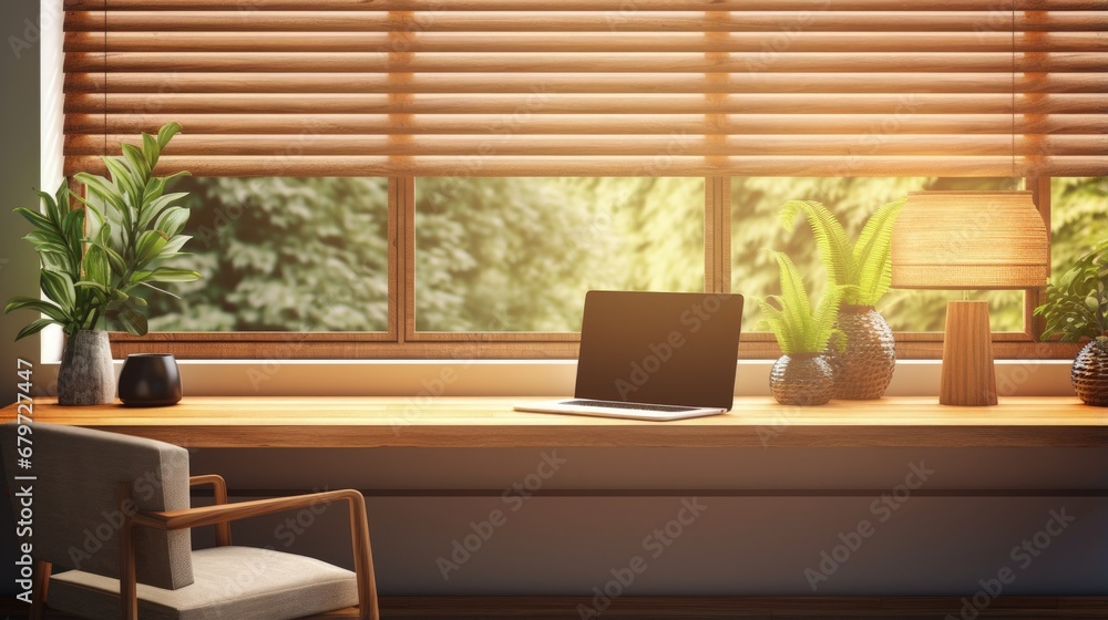 Poster 3d render close up of a modern working space fine teak wood table with computer laptop, books, table