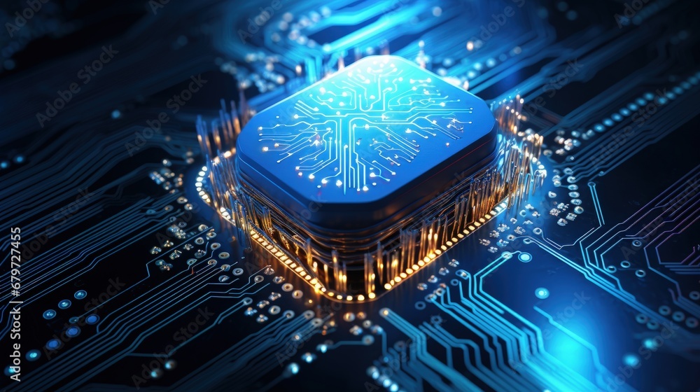 Poster Artificial Intelligence hardware concept. Glowing blue brain circuit on microchip on computer motherboard. For big data processing, ai trading, machine learning, technology background