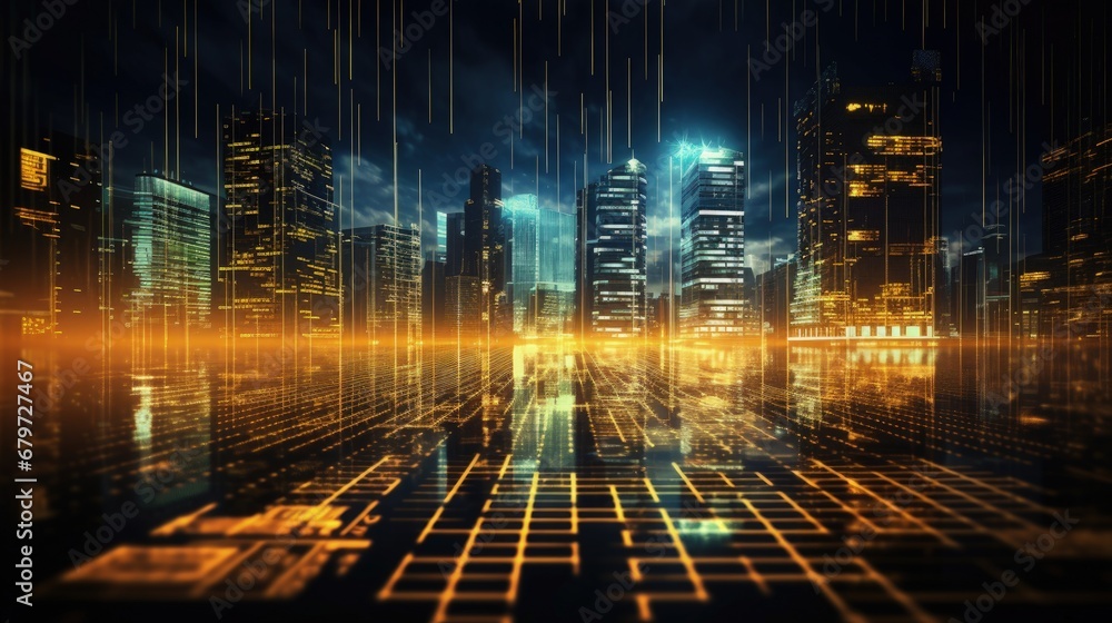 Poster fintech icon and internet of things with matrix code background, investment and financial internet t