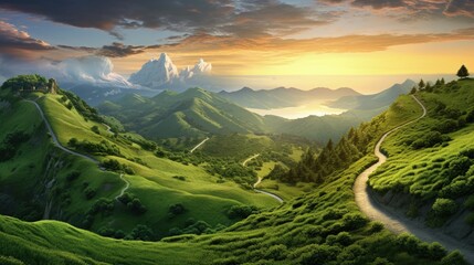 A long and winding road passing through green hills at sunset.
