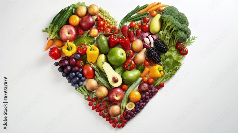 Poster assortment of fresh vegetables and fruits making heart shape frame with white middle