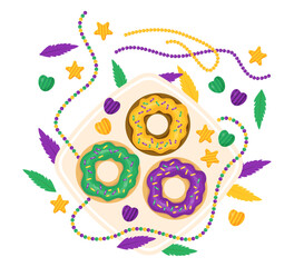 King Cake. Festive Donuts with colorful icing, beaded necklaces, feathers on plate. Mardi Gras carnival. Holiday Fat Tuesday. Vector illustration in cartoon style. - obrazy, fototapety, plakaty