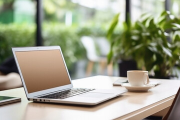 Laptop with blank screen on wooden table in coffee shop, stock photo.
