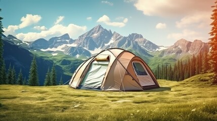 Brown tent. Quick installation system. Summer day. Mountains and forest, travel and tourism concept. Camping. Copy space.