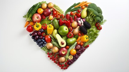 Assortment of Fresh Vegetables and Fruits Making Heart Shape Frame with White Middle